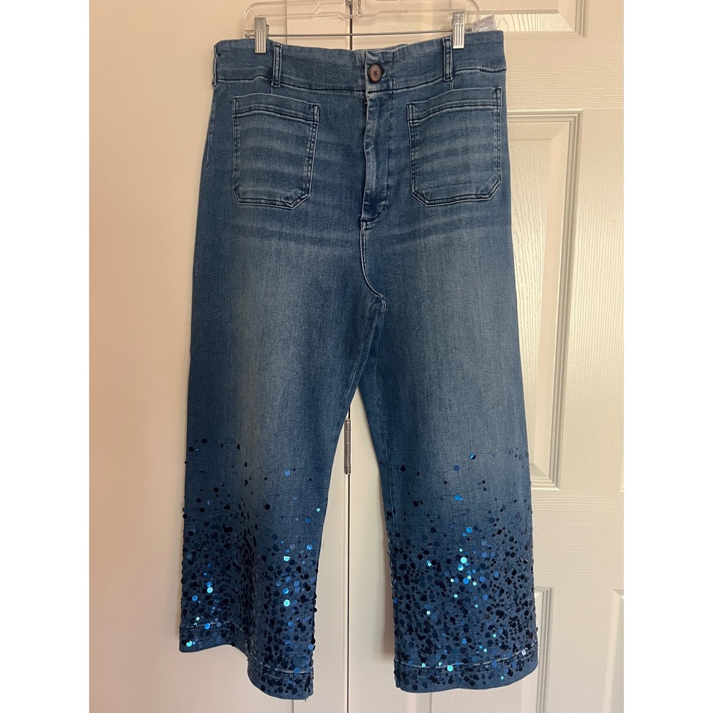 Maeve Anthropologie Colette Wide Leg Jeans Size 34 Blue Sequin‎ Hem Denim